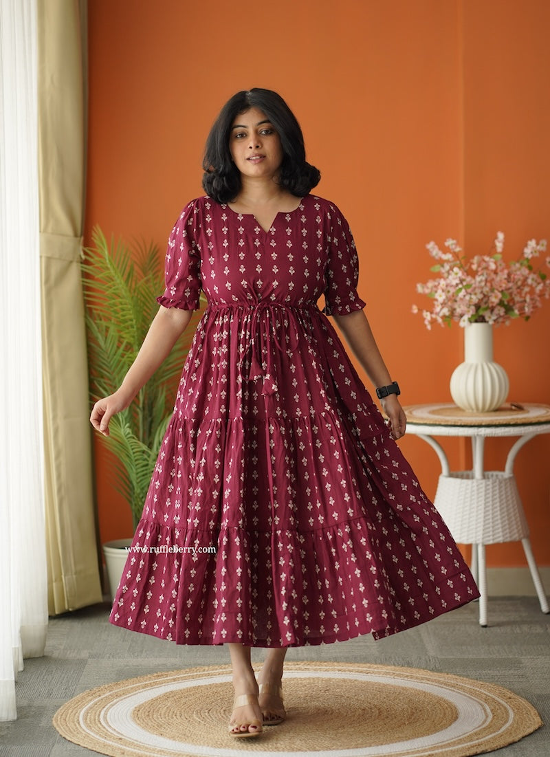 sunshine maroon cotton tier dress