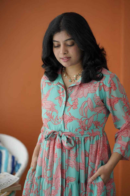 Sol Mint Green Collared Georgette Tier Dress