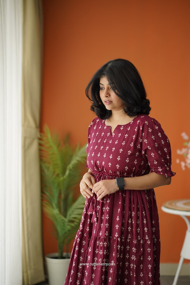 Sunshine Maroon Cotton Tier Dress Ruffleberry Sunshine Maroon Cotton Tier Dress Ruffleberry