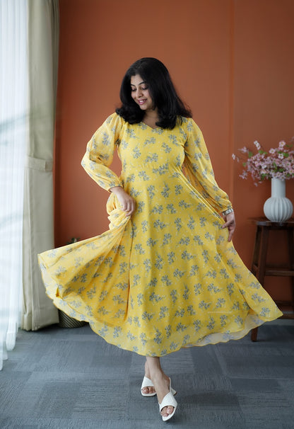 JunaLuv Yellow Georgette Fit & Flare Dress