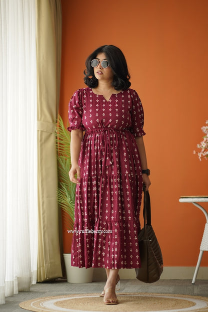 Sunshine Maroon Cotton Tier Dress