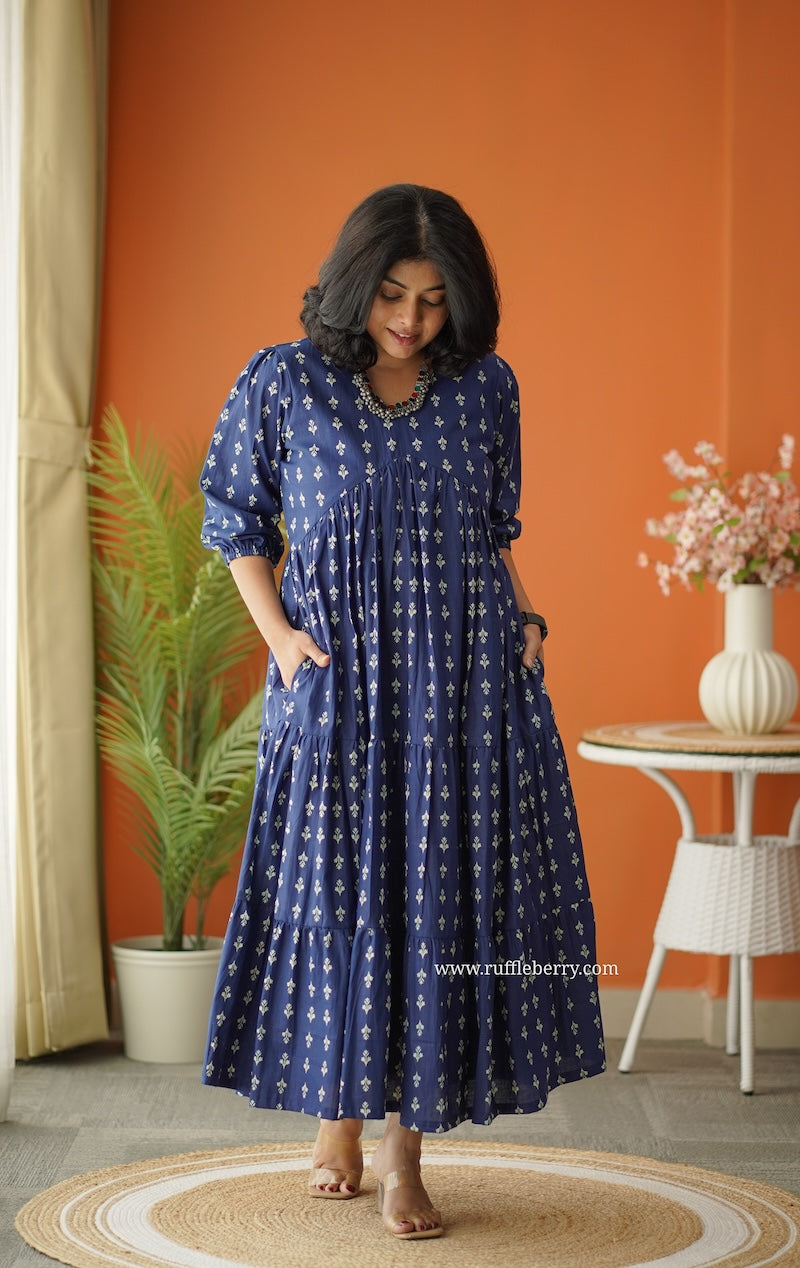 Sunshine Indigo Cotton Alia Cut Dress – Ruffleberry