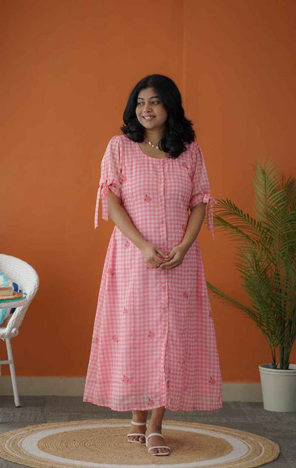 Sol Pink Gingham A-line Georgette Dress