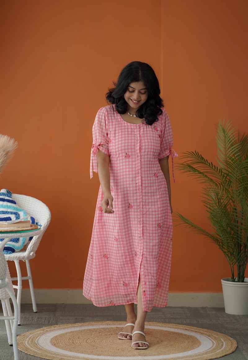 sol pink gingham a-line georgette dress