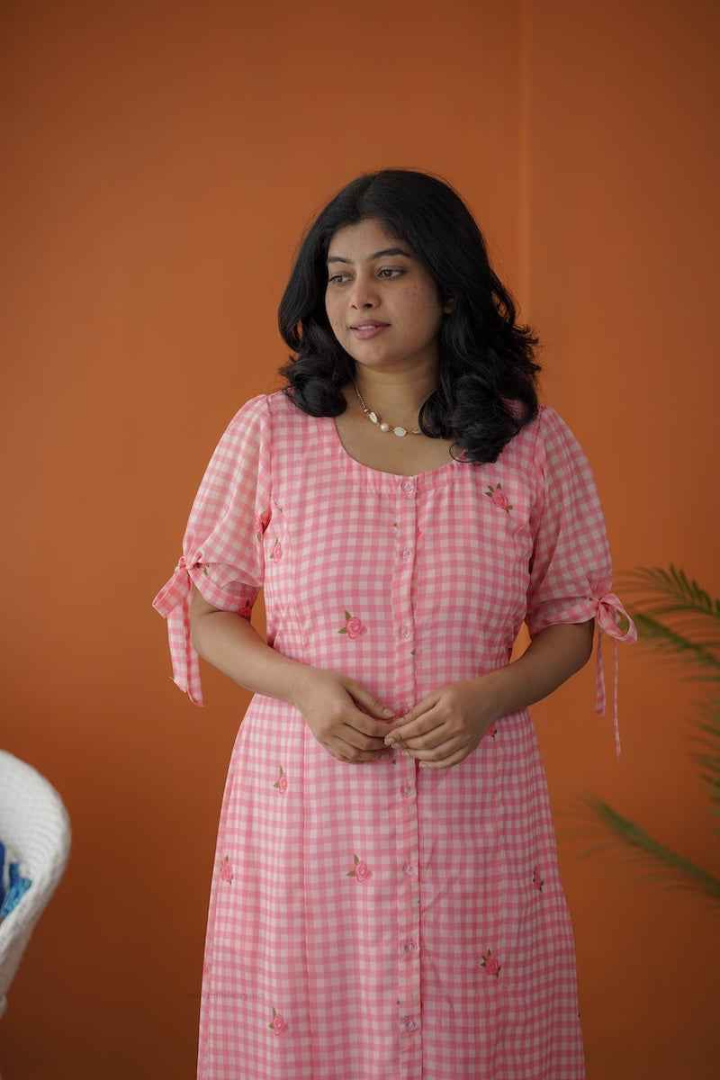 Sol Pink Gingham A-line Georgette Dress