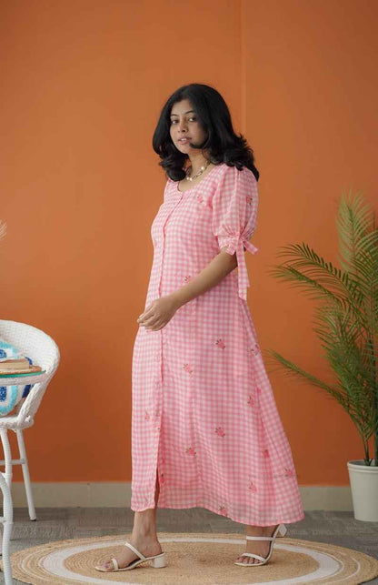 Sol Pink Gingham A-line Georgette Dress