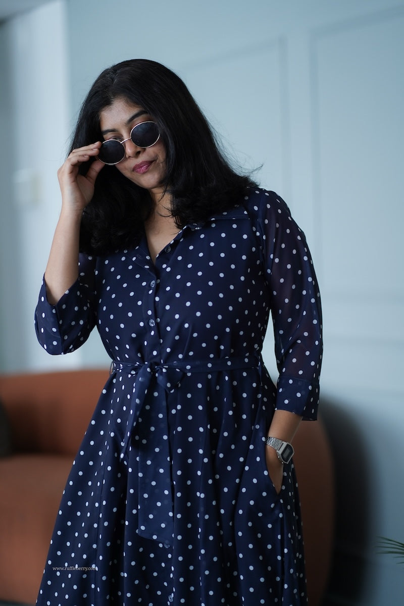 junaluv dark blue georgette flared shirt dress