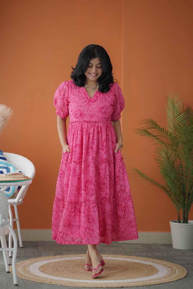 sol hotpink tier georgette dress