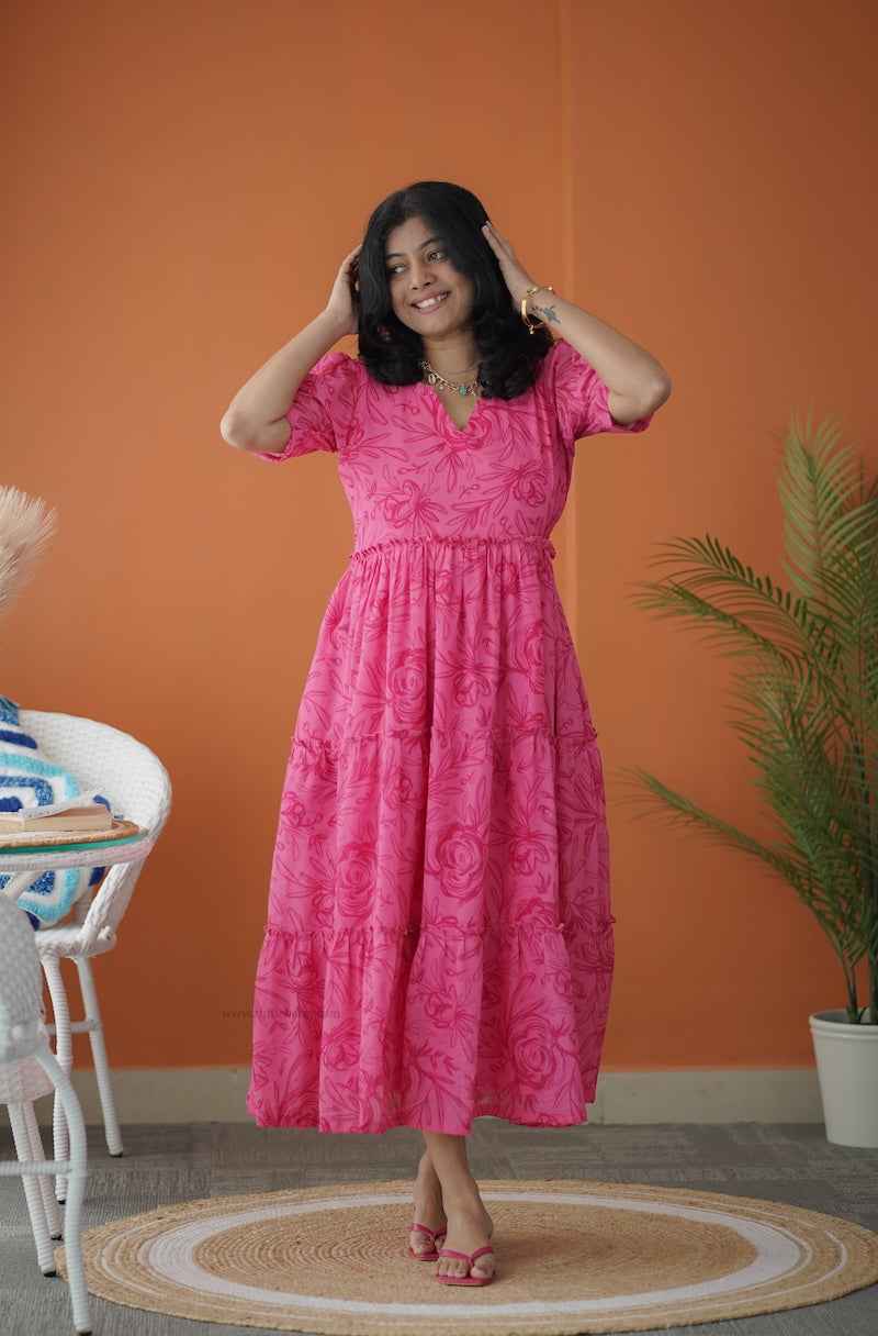 sol hotpink tier georgette dress
