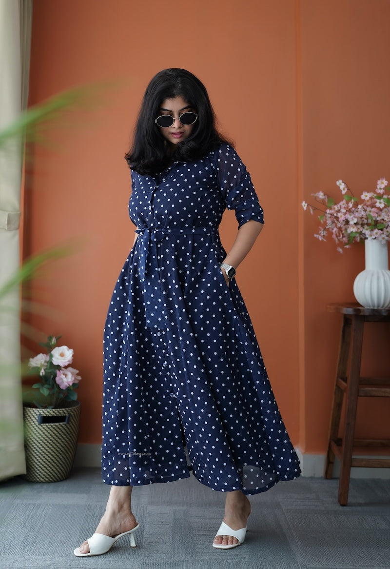 junaluv dark blue georgette flared shirt dress