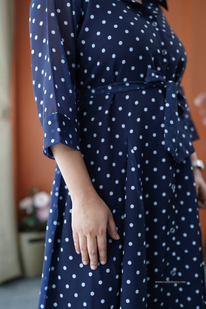 JunaLuv Dark Blue Georgette Flared Shirt Dress