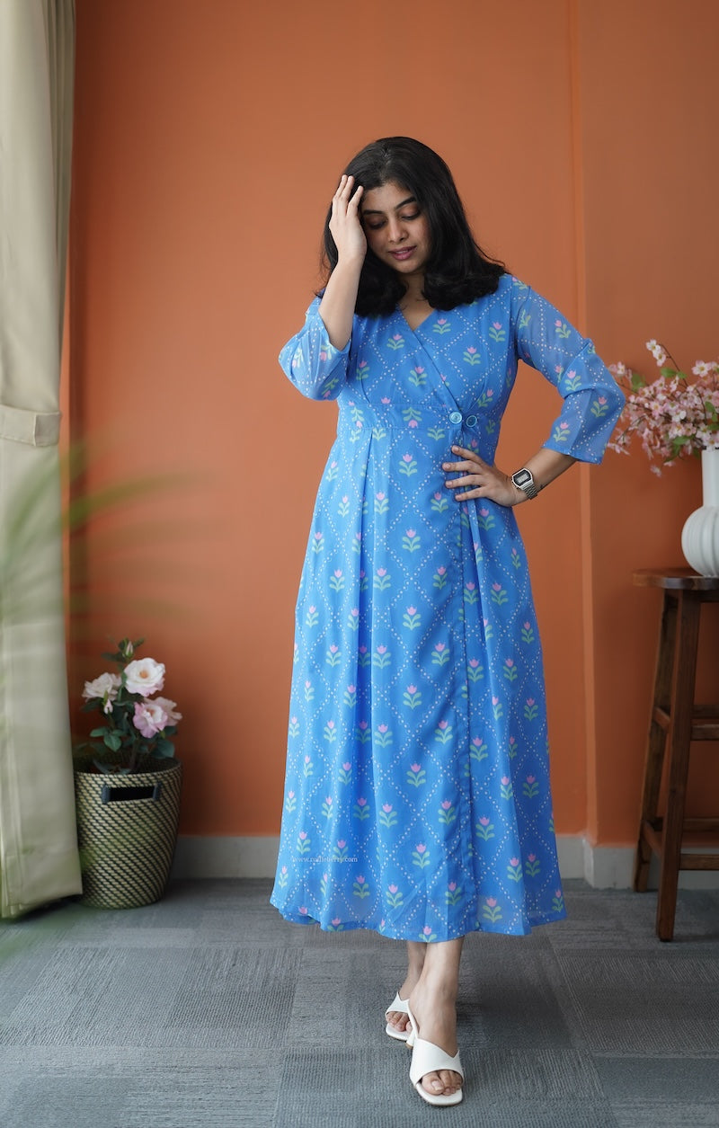 junaluv blue georgette button wrap dress