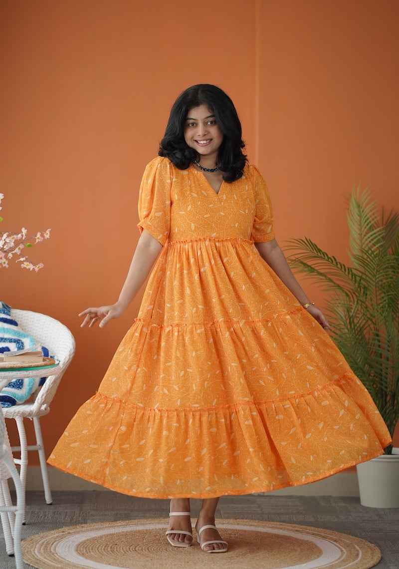 Sol Gold Tier Georgette Dress