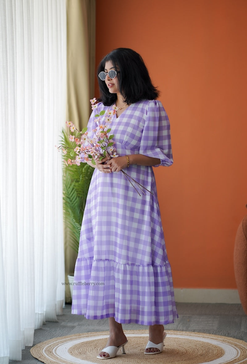 breeze-in lavender checks georgette tier dress