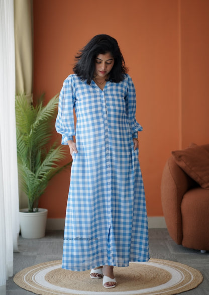 Breeze-In Blue Checks Georgette A-line Dress