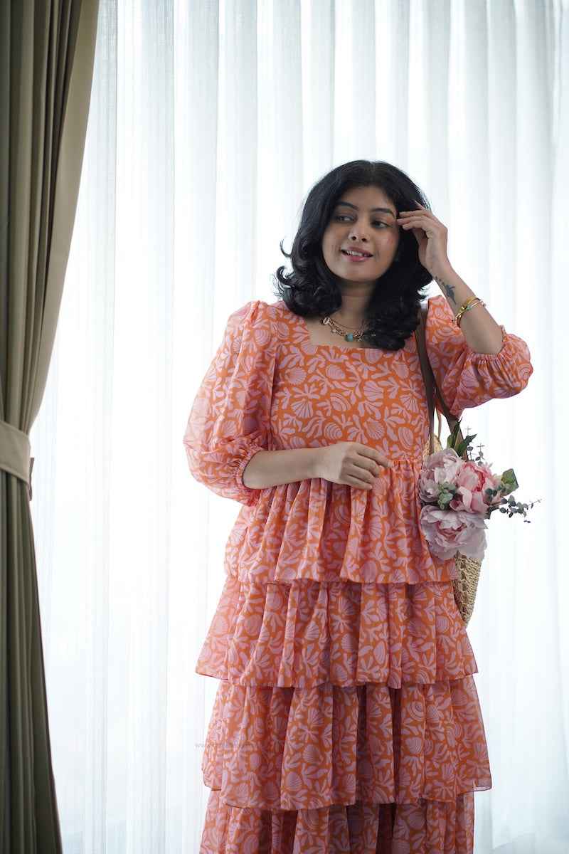 sol orange shells layered georgette dress