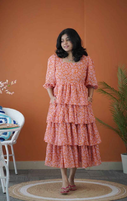 Sol Orange Shells Layered Georgette Dress