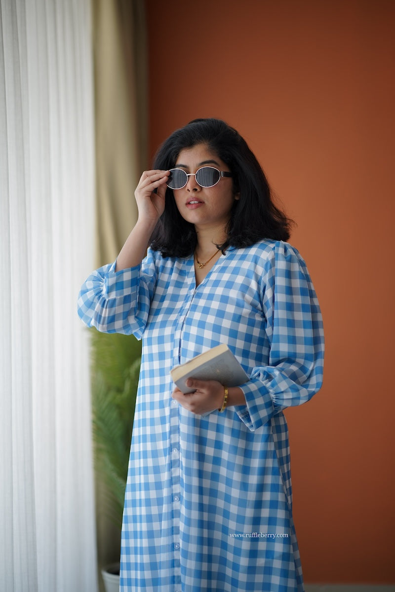 Breeze-In Blue Checks Georgette A-line Dress Ruffleberry Breeze-In Blue Checks Georgette A-line Dress Ruffleberry