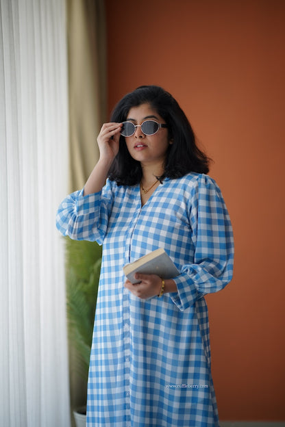 Breeze-In Blue Checks Georgette A-line Dress