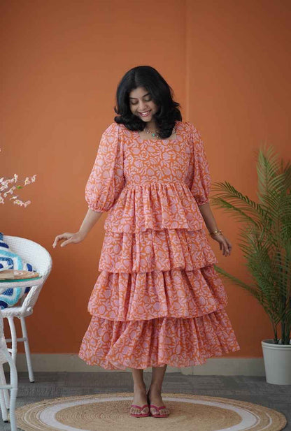 Sol Orange Shells Layered Georgette Dress