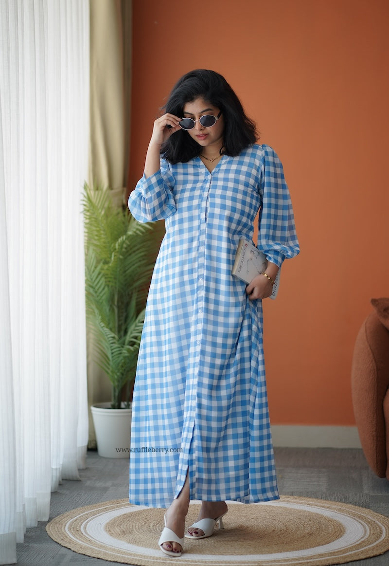 checked a line dress Breeze-In Blue Checks Georgette A-line – Ruffleberry rise fit and slim