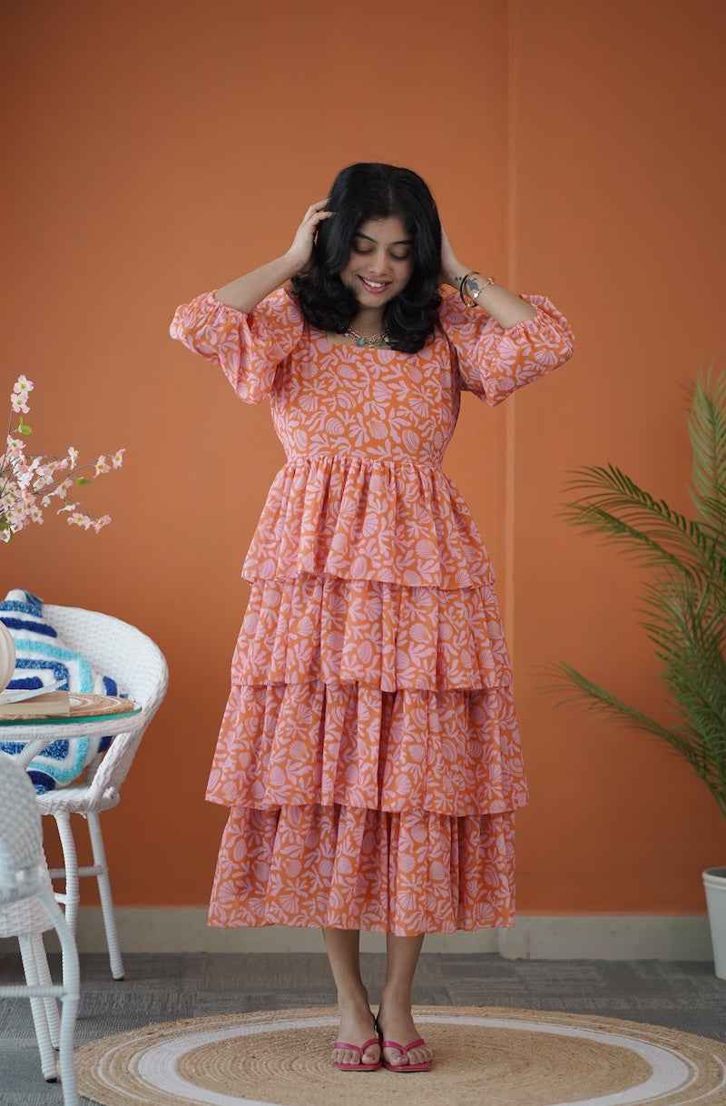 sol orange shells layered georgette dress