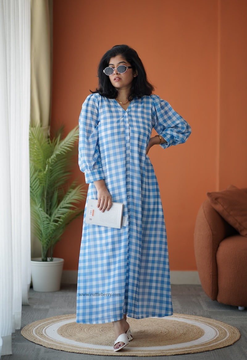 Breeze-In Blue Checks Georgette A-line Dress Ruffleberry Breeze-In Blue Checks Georgette A-line Dress Ruffleberry