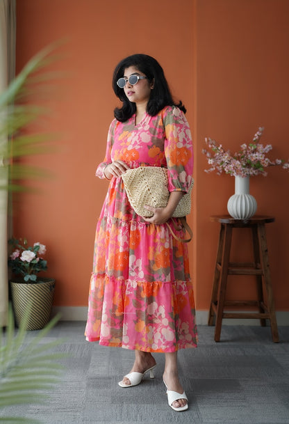 JunaLuv Pink Georgette Tier Dress