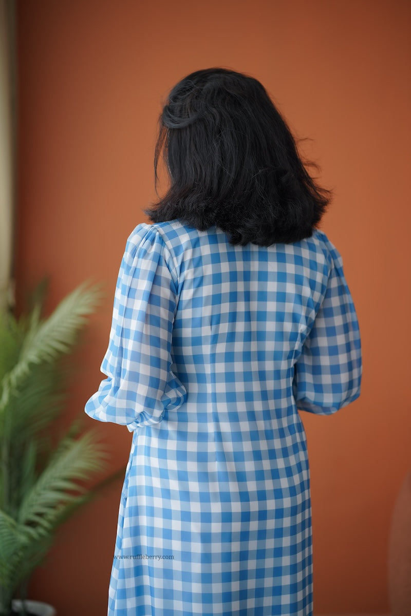 breeze-in blue checks georgette a-line dress