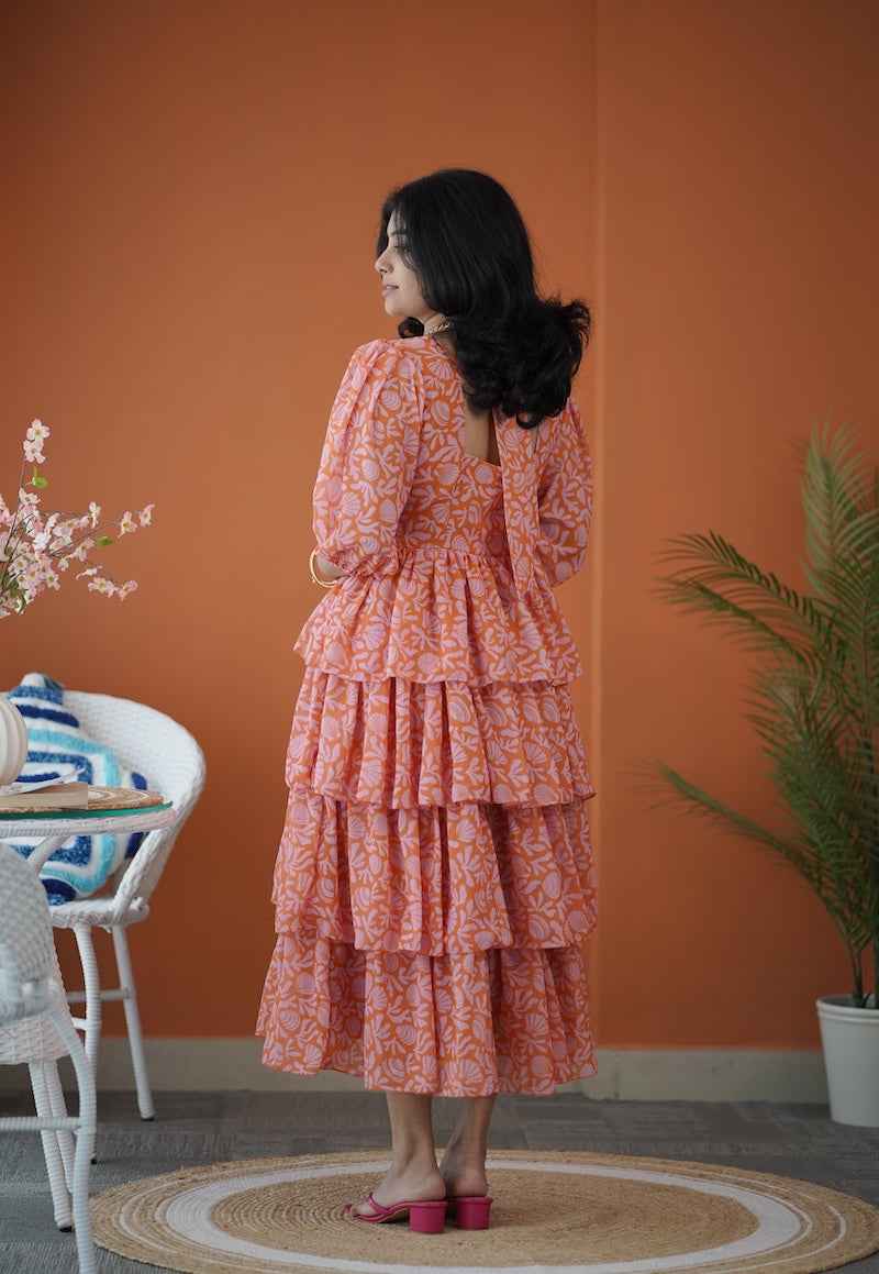 Sol Orange Shells Layered Georgette Dress