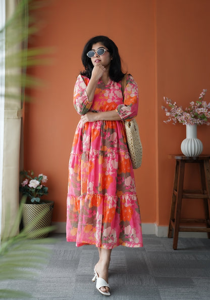 JunaLuv Pink Georgette Tier Dress