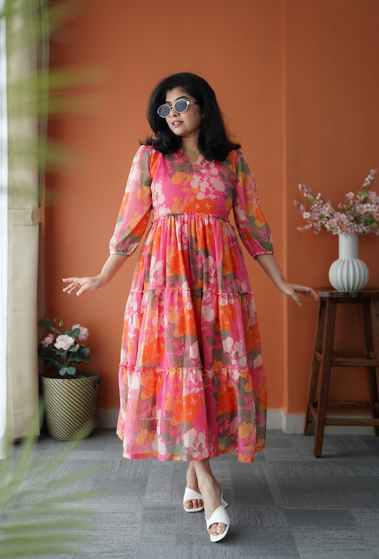 JunaLuv Pink Georgette Tier Dress