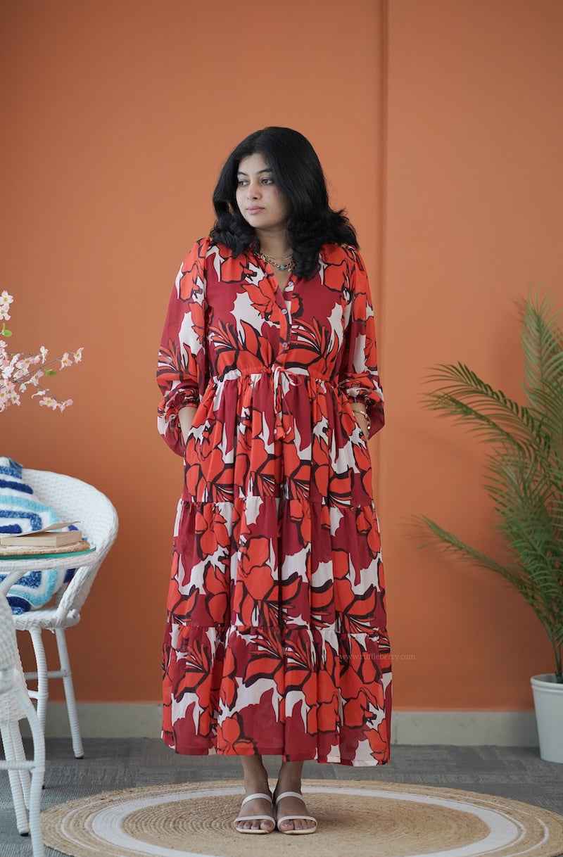 Sol Gloss Maroon Georgette Tier Dress