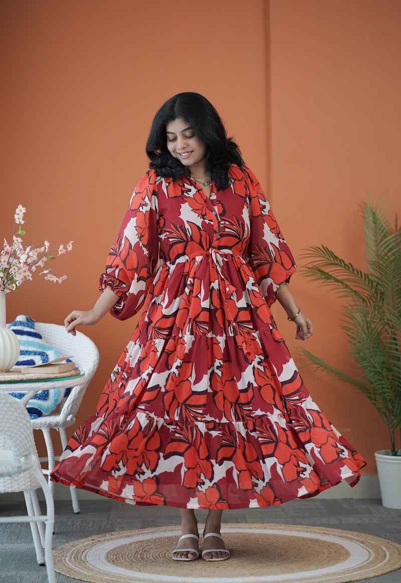 sol gloss maroon georgette tier dress