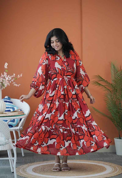 Sol Gloss Maroon Georgette Tier Dress