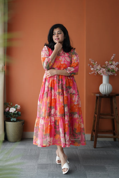 JunaLuv Pink Georgette Tier Dress
