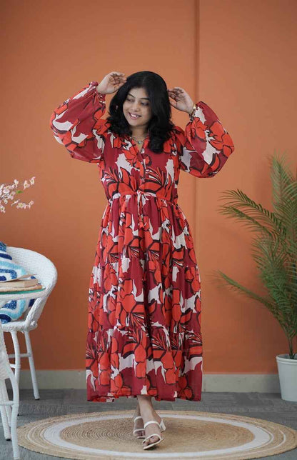 Sol Gloss Maroon Georgette Tier Dress