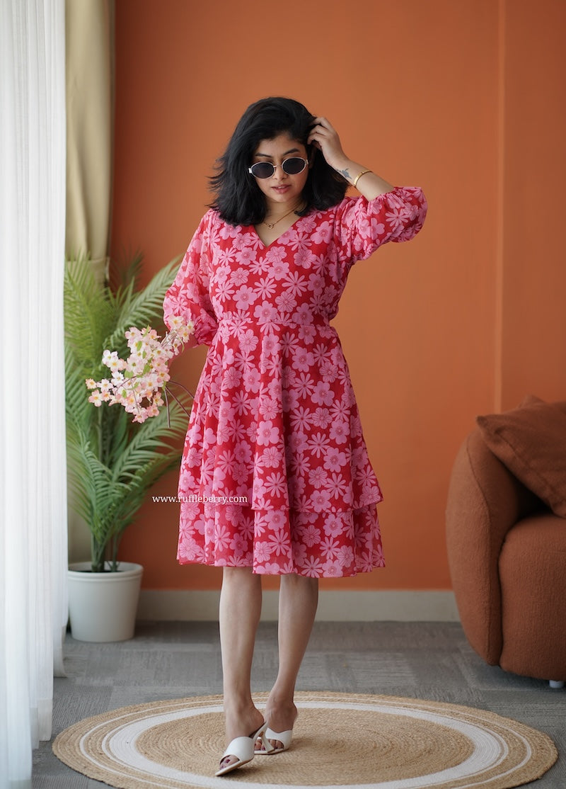 breeze-in red georgette layered dress