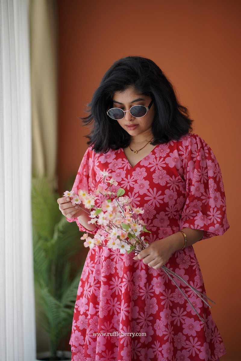 breeze-in red georgette layered dress