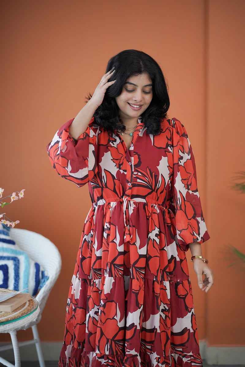 sol gloss maroon georgette tier dress