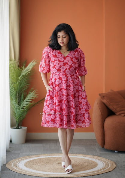 Breeze-In Red Georgette Layered Dress