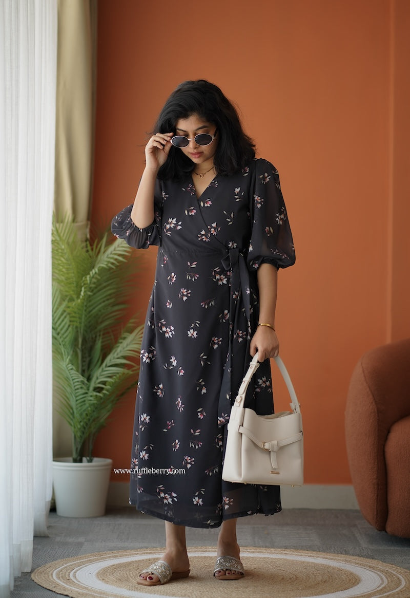 breeze-in black georgette wrap dress