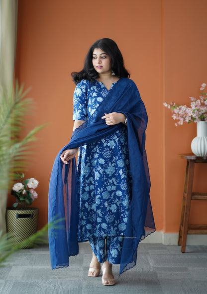 Nyra Blue  3-Piece Cotton Co-ord set