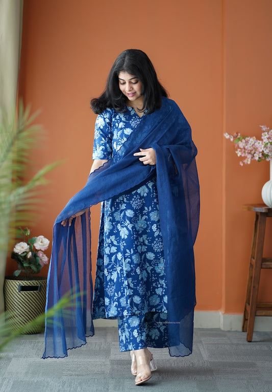 Nyra Blue  3-Piece Cotton Co-ord set