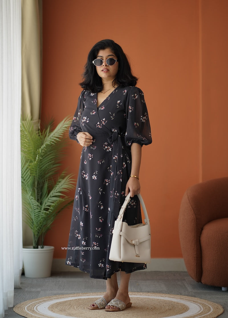 breeze-in black georgette wrap dress