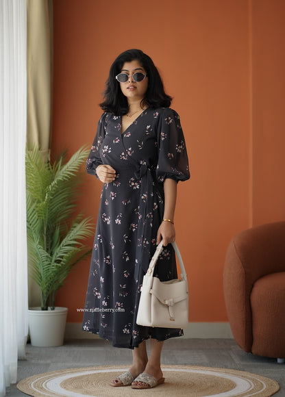 Breeze-In Black Georgette Wrap Dress