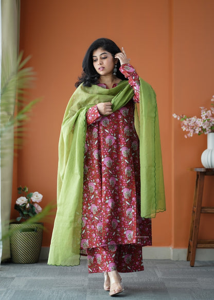 Nyra Red 3-Piece Cotton Co-ord set