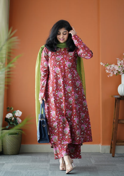 Nyra Red 3-Piece Cotton Co-ord set