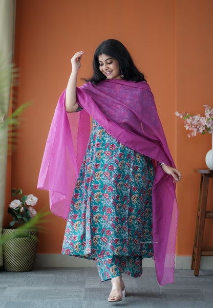 Nyra Green 3-Piece Cotton Co-ord set