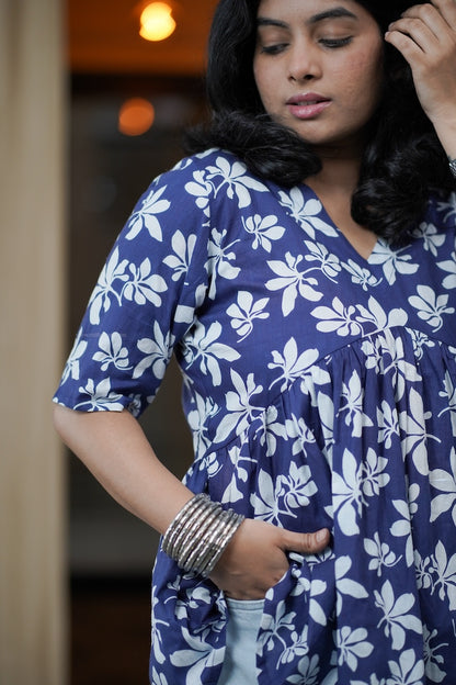 Dark Blue Floral Alia Cut Short Kurti